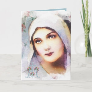 Cartão Virgem Maria Vintage Cruz Religiosa Aquarela