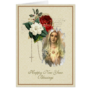 Cartão Virgem Religiosa de Ano Novo Mary Rosary Floral