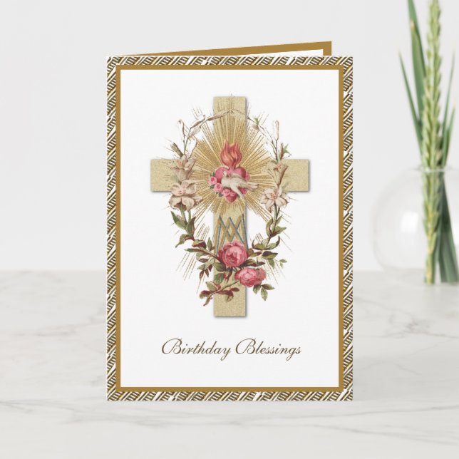 Cartão Virgem Religiosa Elegante Mary Cross Floral Card (Frente)