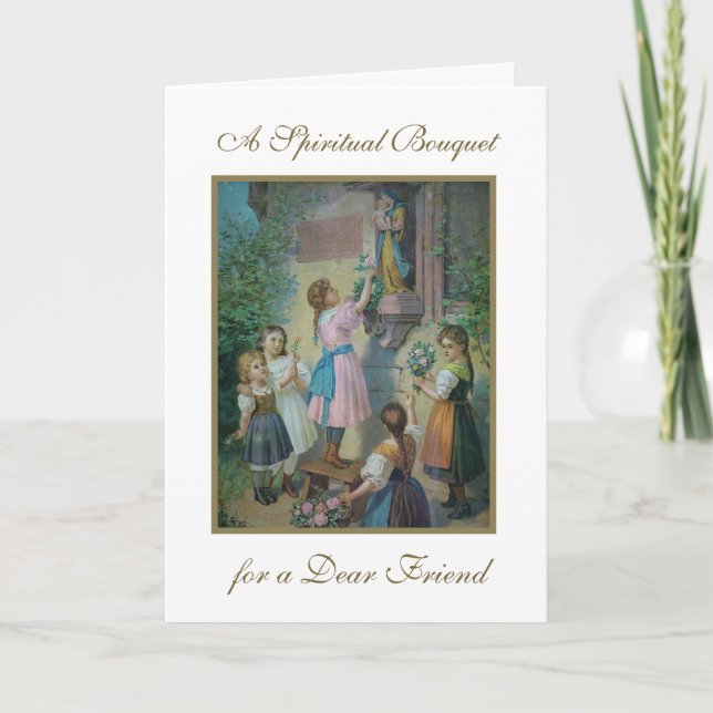 Cartão Virgem Religiosa Maria Orações Espiritais de Buquê (Frente)