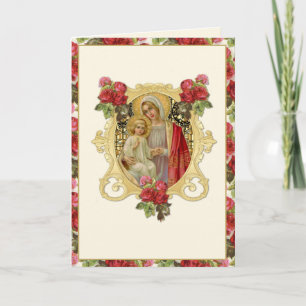 Cartão Virgem Religiosa Mary Jesus Católica Floral Vermel