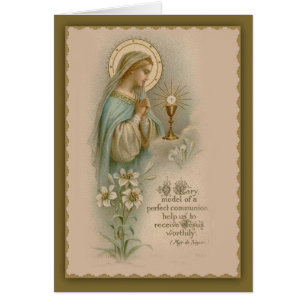 Cartão Virgin Mary Madonna adorando o Eucarista