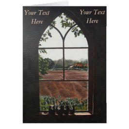 Cartão vista de paisagem rural a partir da janela da igre