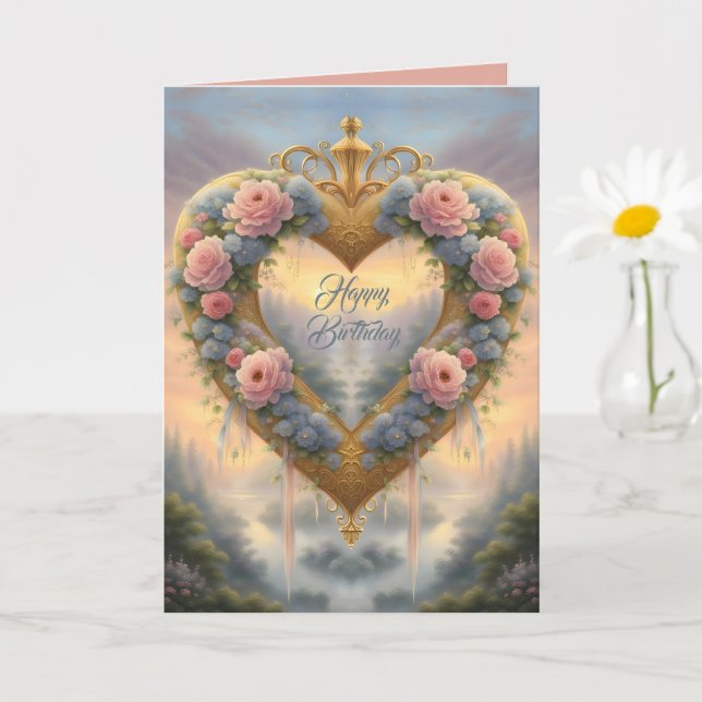 Cartão Vitoriano, coração dourado com flores e dizeres (Planta pequena)