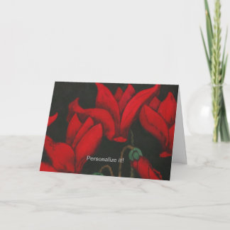 Cartão Vivo ciclama vermelho floresce no fundo preto escu