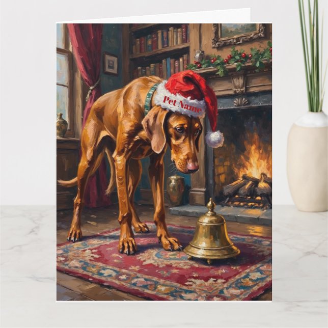 Cartão Vizsla Pointer Stance Christmas Bell Hat (Frente)
