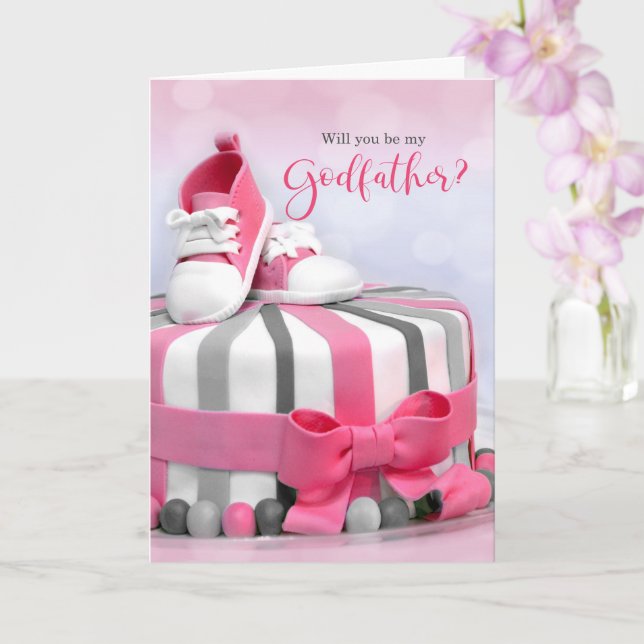 Cartão Você será meu Padrinho Bolo Rosa e Roxo (Orquídea)
