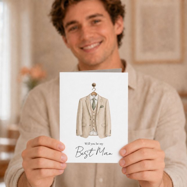 Cartão Você Será Meu Padrinho Terno Cavalheiro (Elegant watercolor best man proposal card with a cream suit and sage green accents.)