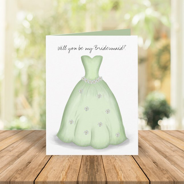 Cartão Você será minha Bridesmaid Green Watercolor (Will you be my bridesmaid green bridal dress greeting card.)