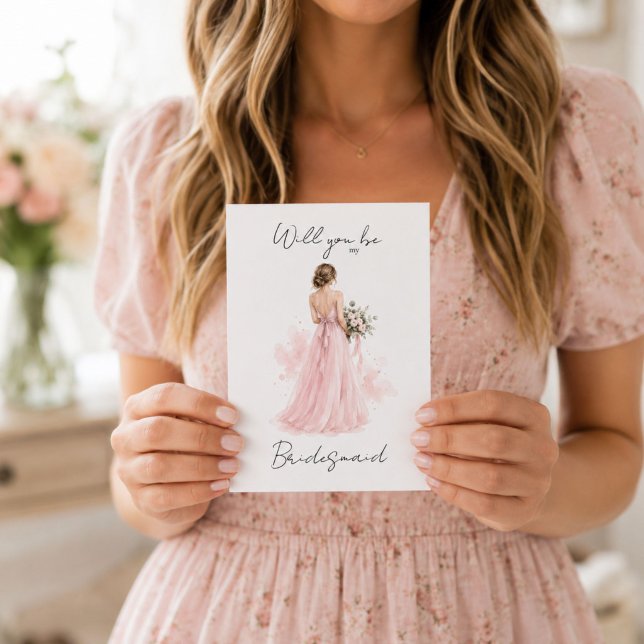 Cartão Você será minha Dama de Honra Carta de Proposta Ro (Elegant "Will You Be My Bridesmaid" greeting card featuring a graceful blush pink watercolor. )