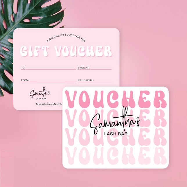 Cartão Voucher de Bela Bela Bonita de Groovy Cor de Rosa (Trendy pink and white gift voucher cards with retro fonts and space for your logo and details)
