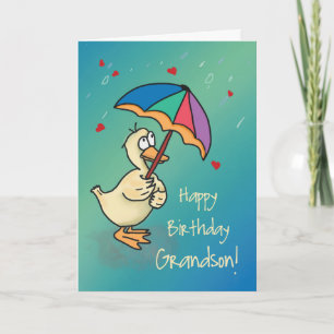 Cartão Vovô Pato de aniversário com guarda-chuva em chuva