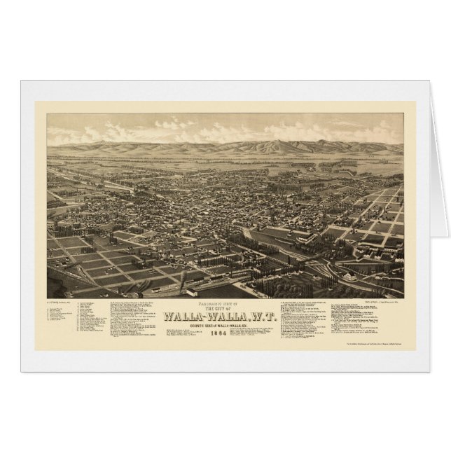 Cartão Walla Walla, mapa panorâmico de WA - 1884 (Frente Horizontal)
