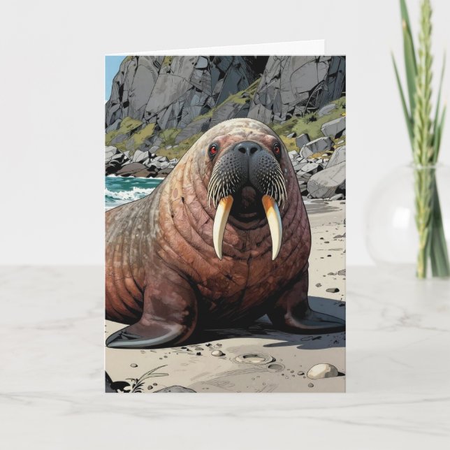 Cartão Walrus on a Sandy Beach | Just Checking In (Frente)