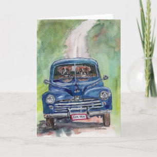 Cartão watercolor 2 Boxers driving old truck