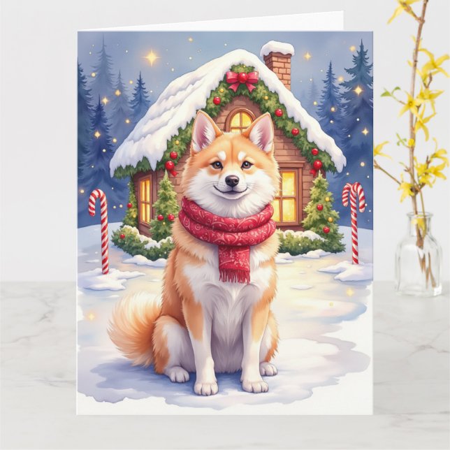 Cartão Watercolor Akita Gingerbread House Christmas  (Flor Amarela)