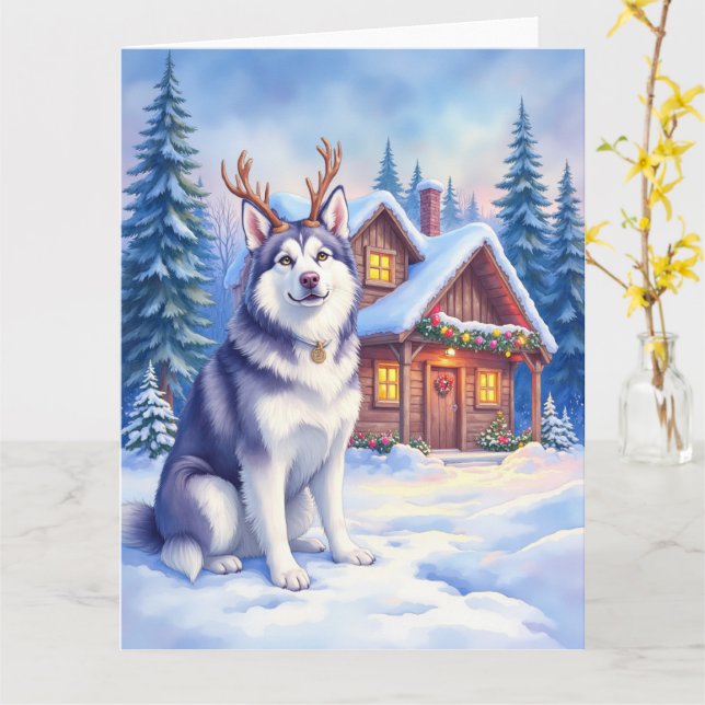 Cartão Watercolor Alaskan Malamute Reindeer Christmas (Flor Amarela)