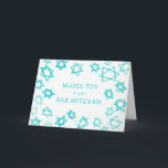 Cartão Watercolor Aqua Stars MAZEL TOV Bar Bat Mitzvah<br><div class="desc">Uma carta perfeita para o MAZEL TOV enviar para um morcego mitzvah, bar mitzvah ou outra comemoração judaica! A mão fez a aquarela arte para você na frente e no dentro vazio! TOTALMENTE PERSONALIZÁVEL! Clique em "Personalizar" acima para editar o texto. Clique em "editar usando a ferramenta design" para ajustar...</div>