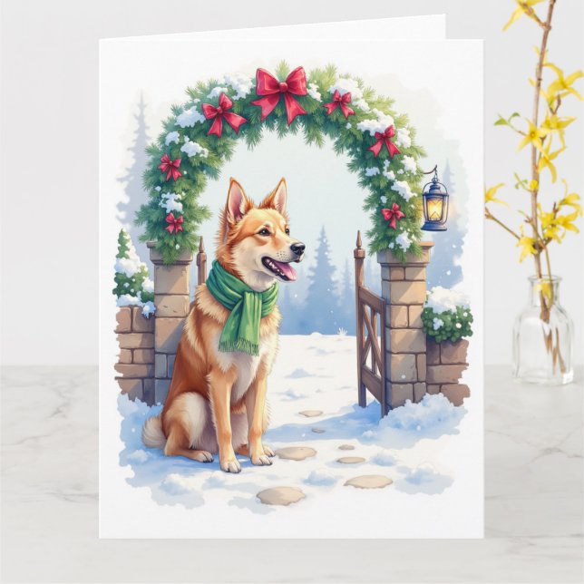 Cartão Watercolor Australian Kelpie Countryside Gate (Flor Amarela)