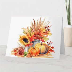 Cartão Watercolor Autumn Sunflower & Pumpkins