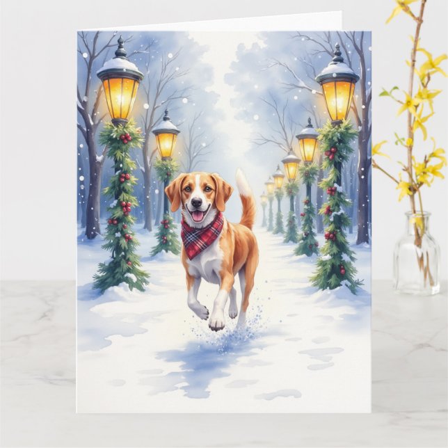Cartão Watercolor Beagle Snowy Park Christmas Holiday (Flor Amarela)