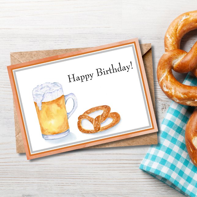 Cartão Watercolor Beer & Pretzel Happy Birday (Criador carregado)