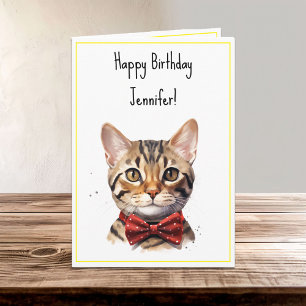 Cartão Watercolor Bengal Cat Birthday
