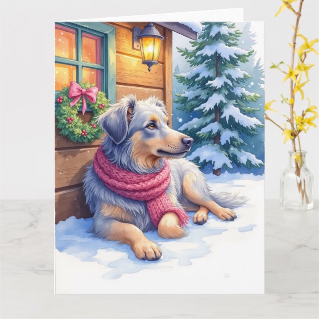 Cartão Watercolor Bergamasco Shepherd Cabin Christmas (Flor Amarela)