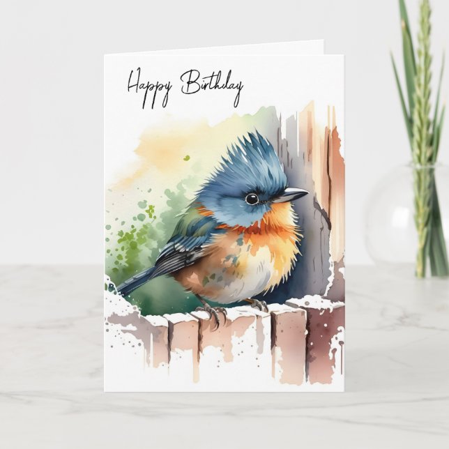 Cartão Watercolor Birthday Bird (Frente)