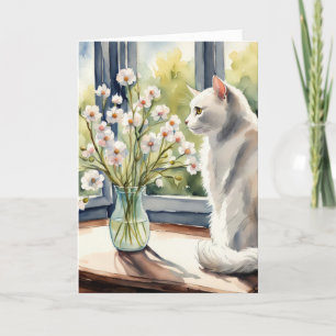 Cartão Watercolor Birthday Cat and Daisies