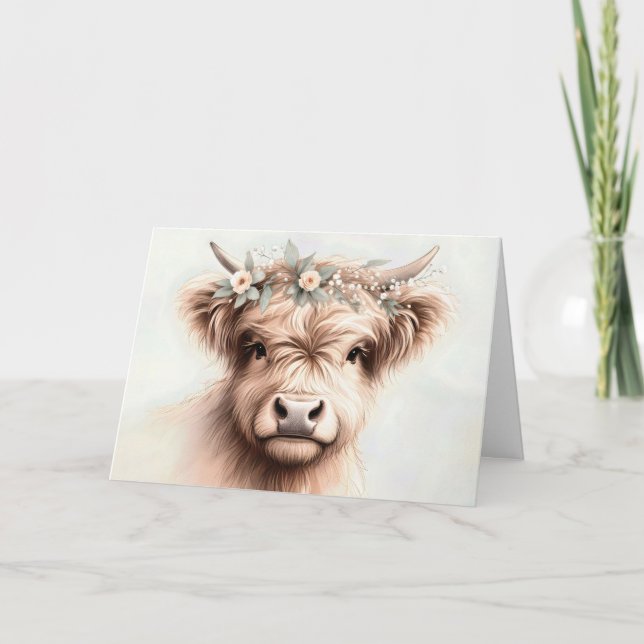 Cartão Watercolor Birthday Highland Cow (Frente)