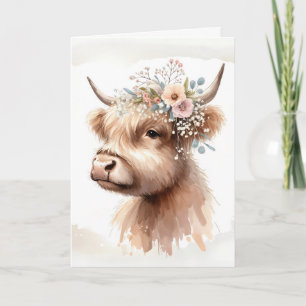 Cartão Watercolor Birthday Highland Cow