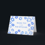Cartão Watercolor Blue Stars MAZEL TOV Bar Mitzvah<br><div class="desc">Uma carta perfeita para o MAZEL TOV enviar para um morcego mitzvah, bar mitzvah ou outra comemoração judaica! A mão fez a aquarela arte para você na frente e no dentro vazio! TOTALMENTE PERSONALIZÁVEL! Clique em "Personalizar" acima para editar o texto. Clique em "editar usando a ferramenta design" para ajustar...</div>
