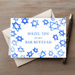 Cartão Watercolor Blue Stars MAZEL TOV Bar Mitzvah<br><div class="desc">Uma carta perfeita para o MAZEL TOV enviar para um morcego mitzvah, bar mitzvah ou outra comemoração judaica! A mão fez a aquarela arte para você na frente e no dentro vazio! TOTALMENTE PERSONALIZÁVEL! Clique em "Personalizar" acima para editar o texto. Clique em "editar usando a ferramenta design" para ajustar...</div>