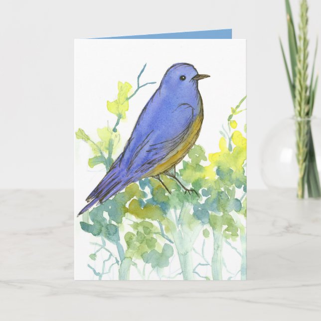 Cartão Watercolor Bluebird Sagebrush Feliz Aniversário (Frente)