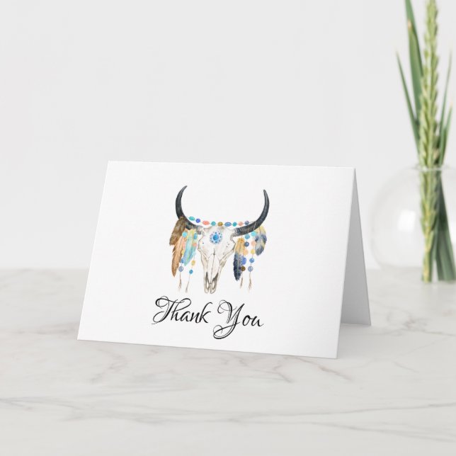 Cartão Watercolor Boho Skull Obrigado (Frente)