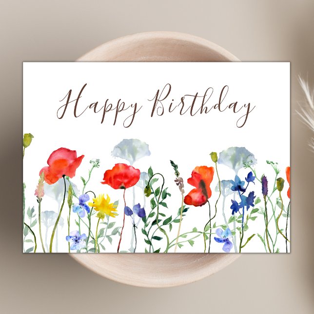 Cartão Watercolor Boho Wildflower Poppies Feliz Aniversár (Criador carregado)
