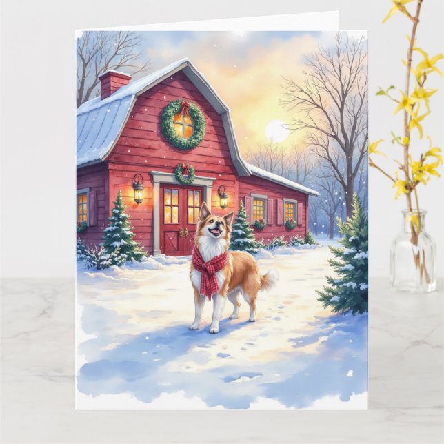 Cartão Watercolor Border Collie Country Barn Christmas (Flor Amarela)