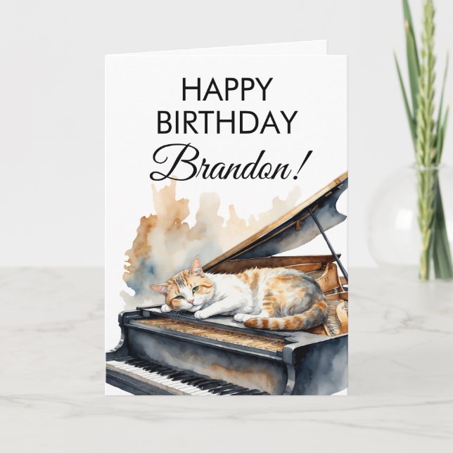 Cartão Watercolor Brown Grand Piano Cat Birday (Frente)