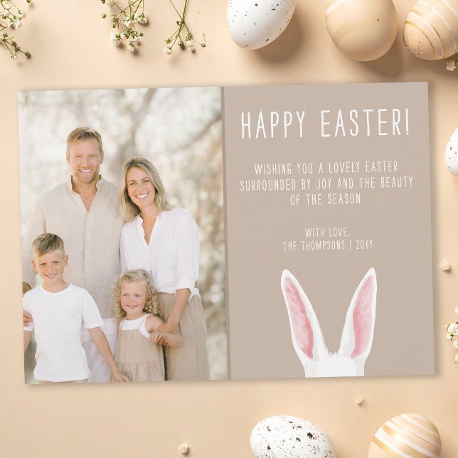 Cartão Watercolor Bunny Ears Family Photo Beige Easter (Criador carregado)