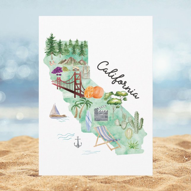 Cartão Watercolor California State Art Map Flat Greeting (In situ)