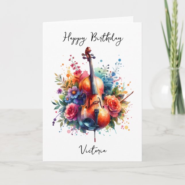 Cartão Watercolor Cello e Flores Personalizadas Aniversár (Frente)