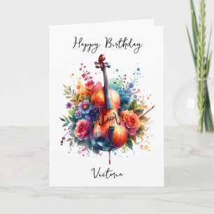 Cartão Watercolor Cello e Flores Personalizadas Aniversár