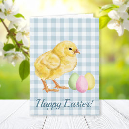 Cartão Watercolor Chick And Eggs On Blue Happy Easter