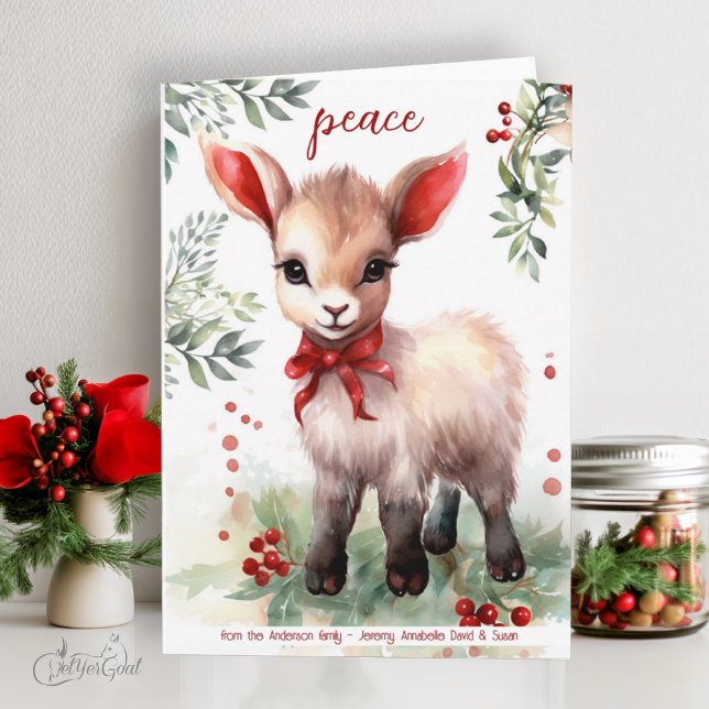 Cartão Watercolor Christmas Goat Baby Peace (goat lover's Christmas Cards - baby goats in watercolor - 4th in a series of 8  #zazzlemade)