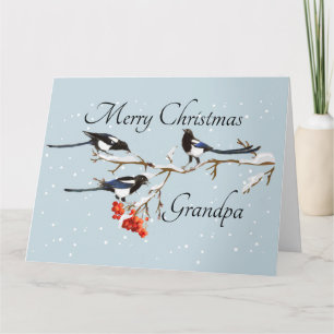 Cartão Watercolor Christmas Holly Magpie Bird Avô