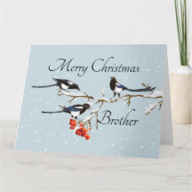Watercolor Christmas Holly Magpie Bird Brother