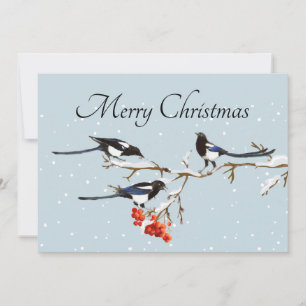 Cartão Watercolor Christmas Holly Magpie Bird Nature Art