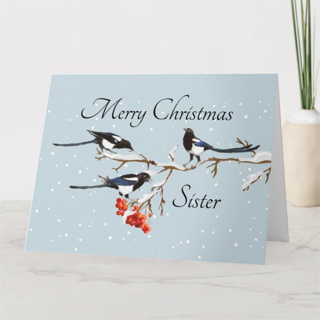 Cartão Watercolor Christmas Holly Magpie Bird Sister Art (Frente)