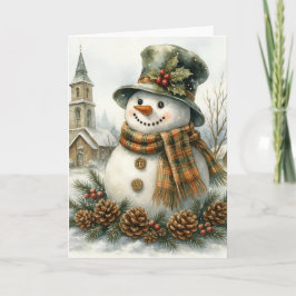 Cartão Watercolor Christmas Snowman Cozy Winter Holiday